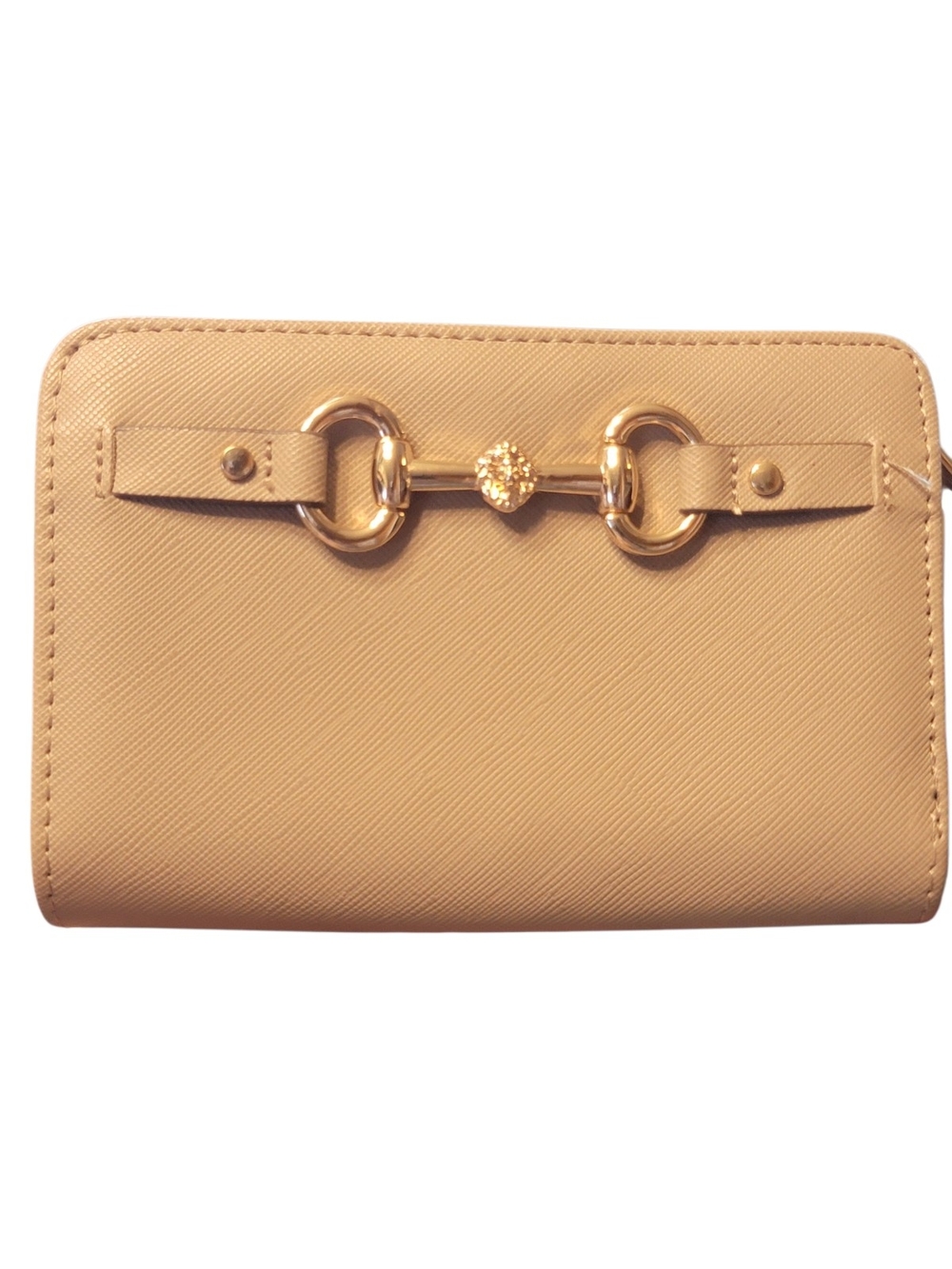 Anne Klein Beige Saffiano Faux Leather Bifold Wallet with Gold Horsebit Hardware - Picture 3 of 11